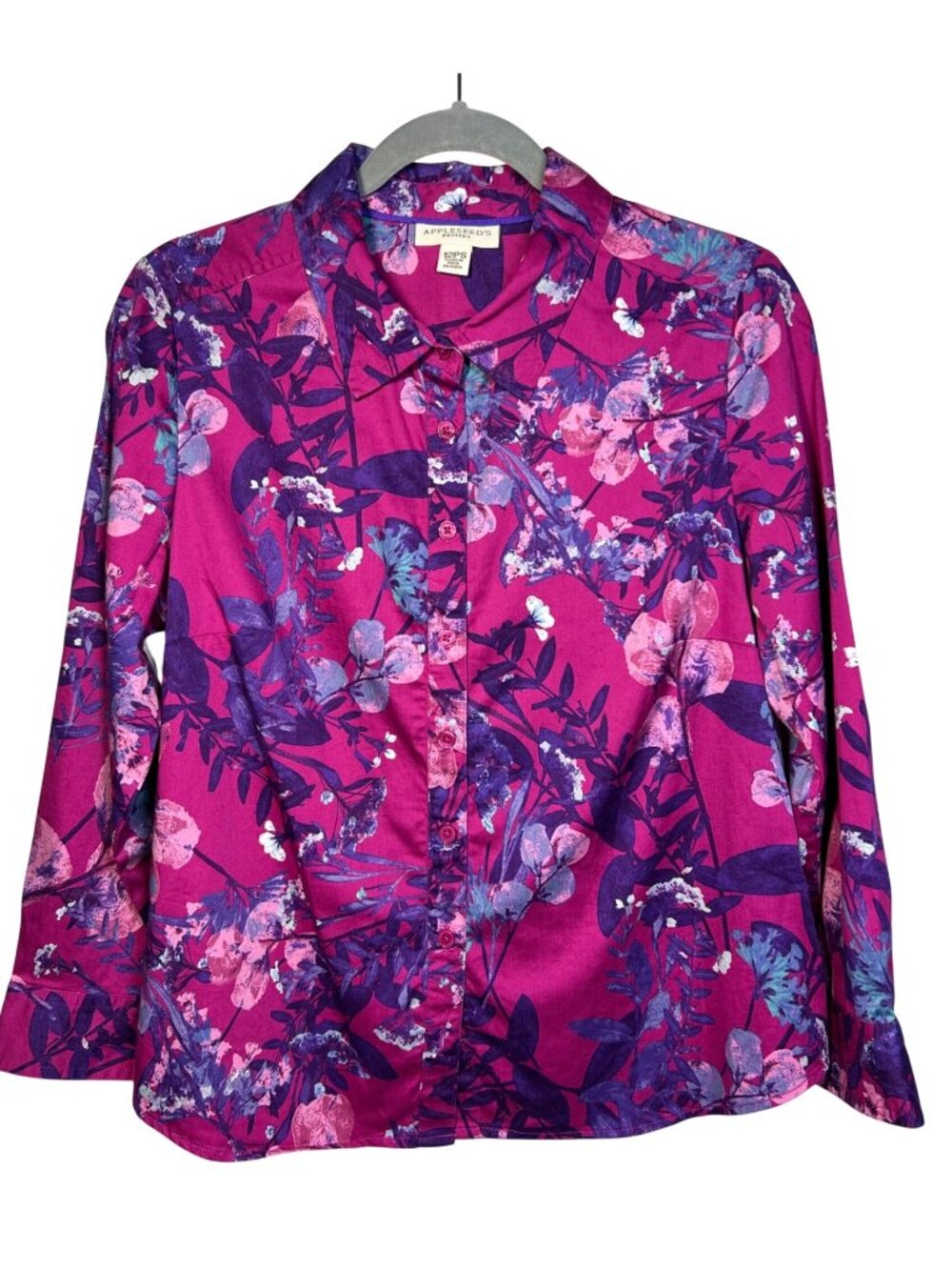 Appleseeds Women's Petite Long Sleeve Floral Button-Down Shirt 12PS Cotton Blend